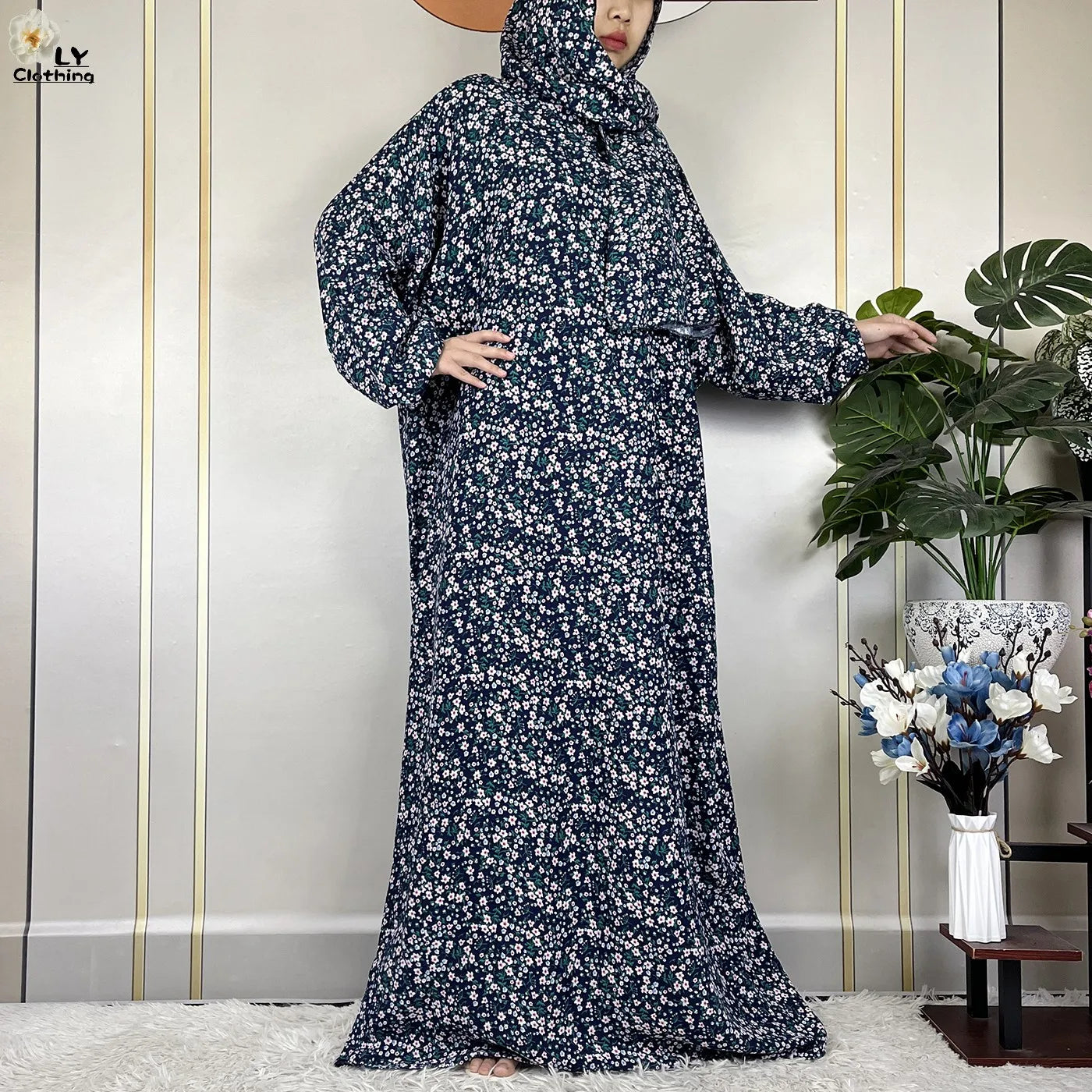 2024Latest Muslim Abayas For Women Ramadan Prayer Maxi Dubai Turkey Femme Cotton Robe Floral Loose African Dress Turban Attached