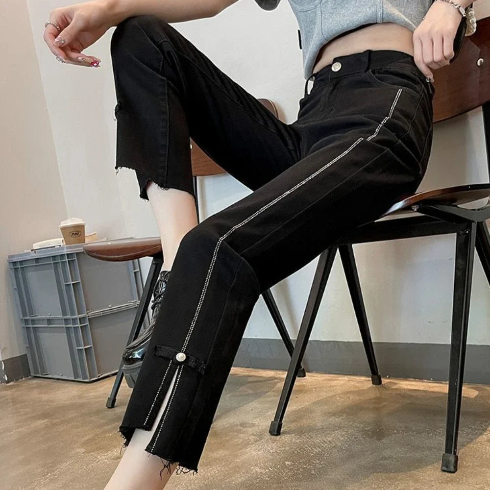 Pearl with Decorations Trousers Blue Cropped Straight Leg Women's Jeans Black and Capris High Waist Shot Short Japanese Y2k A R