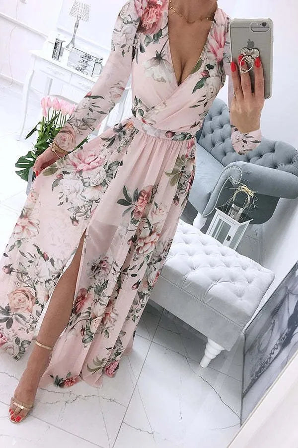 Amazon eBay Cross border 2024 Summer Chiffon Printed Long Dress V-neck Dress Long Sleeve Split Dress Women - Seprincess