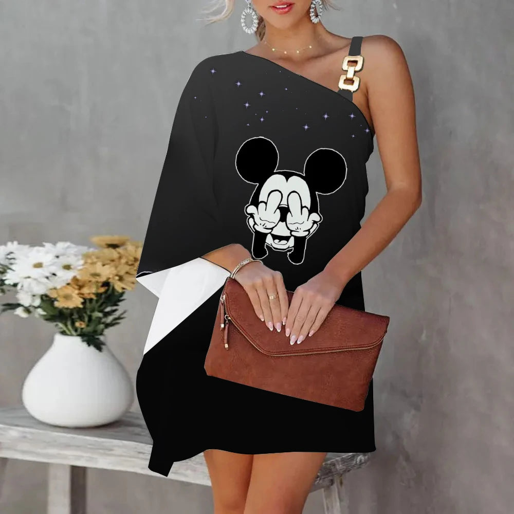 Disney Diagonal Collar One-Shoulder Party Dresses Minnie Mouse Dress Mickey Elegant Dresses for Women Evening Luxury Sexy Collar - Seprincess