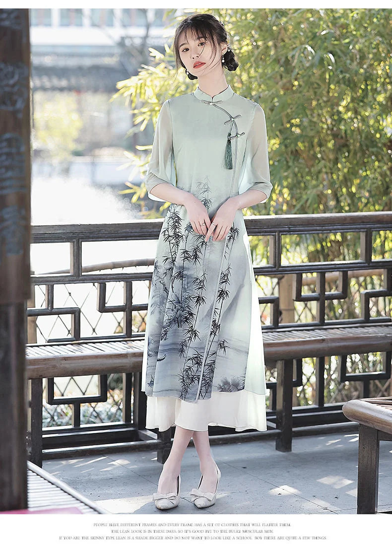 Improved Cheongsam 2024 Women's Summer High-end Chiffon Long Dress Inverted Big Sleeves Plus Size Retro Girl Chinese Style Hanfu - Seprincess