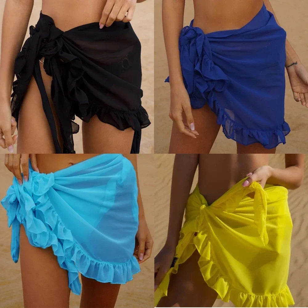 Women Wrap Short Beach Cover-Ups Skirts Sexy Swimsuit Bikini Chiffon Pareo Sarong Thin Transparent Ruffle Wrap Sheer Sheer Skirt - Seprincess