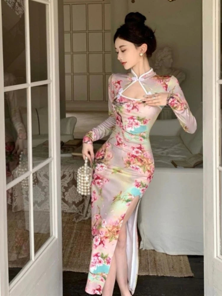 150kg 5XL Large Size Vintage Chinese Cheongsam Print High Split Bodycon Maxi Dress Plus Size Long Sleeve Qipao Long Vestidos - Seprincess