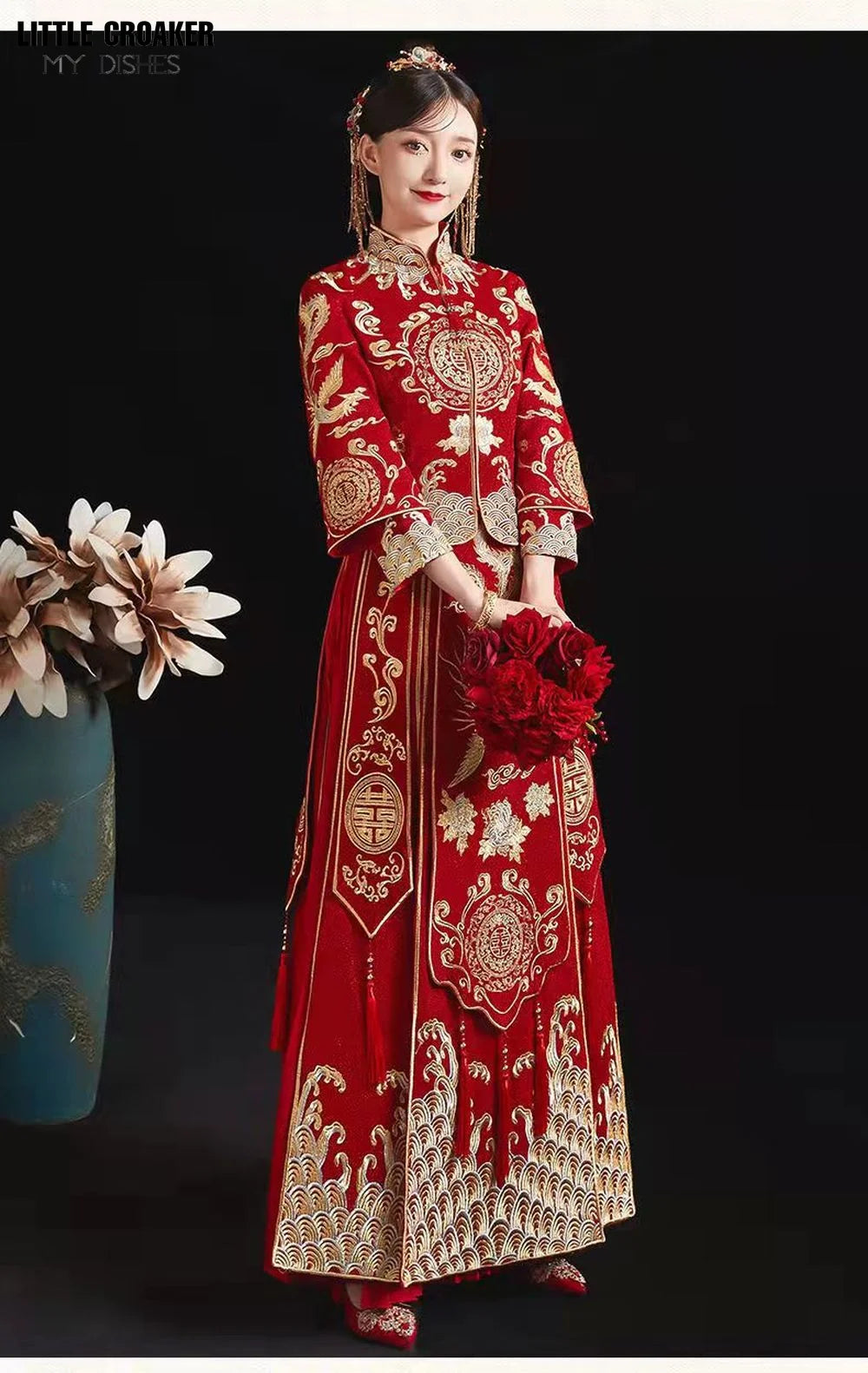 Modern Cheongsam Top + Skirt Suit Red Qipao Long Chinese Traditional Wedding Dress Oriental Style Xiuhefu Dresses - Seprincess