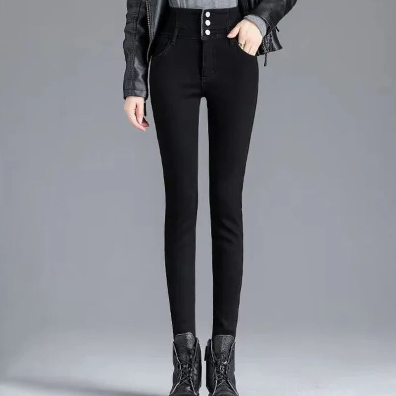 Epligg Thermal Winter Thick Women Stretch Button Pencil Pants Velvet Casual Jeans Thick Fleece High-waist Warm Skinny Jeans