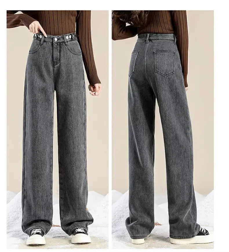 Thickened Fleece-Lined Warm Straight-Leg Jeans Design Adjustable High-Waisted Slimming Bell Bottoms Winter New Arrival