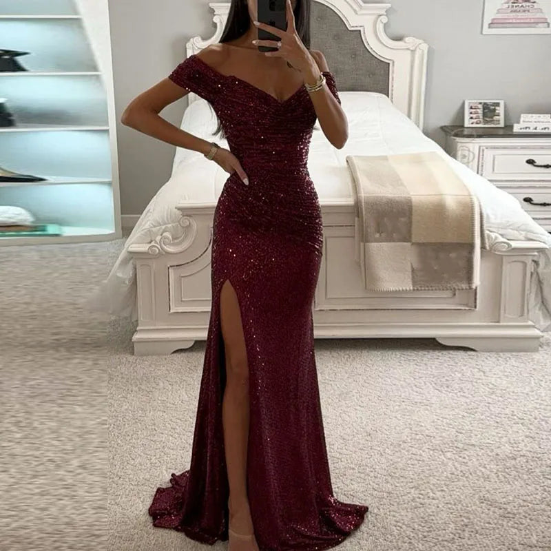 Women Elegant High Slit Cocktails Dress New Lady Party Banquet Slim Sequin Maxi Dress Sexy Slash Neck Glitter Floor-Length Dress - Seprincess