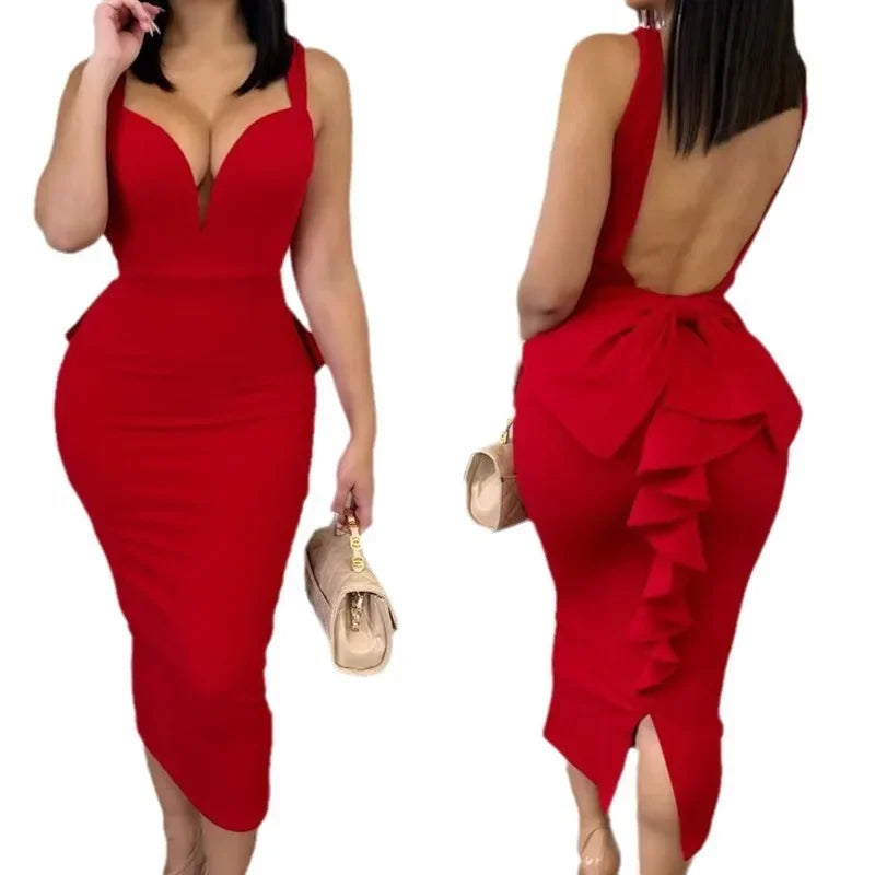 New Women's Backless Ruffles Patchwork Dress 2023 Elegant Sexy Evening Party Dress Women's Spaghetti Strap V-neck Slim Fit Dress - Seprincess