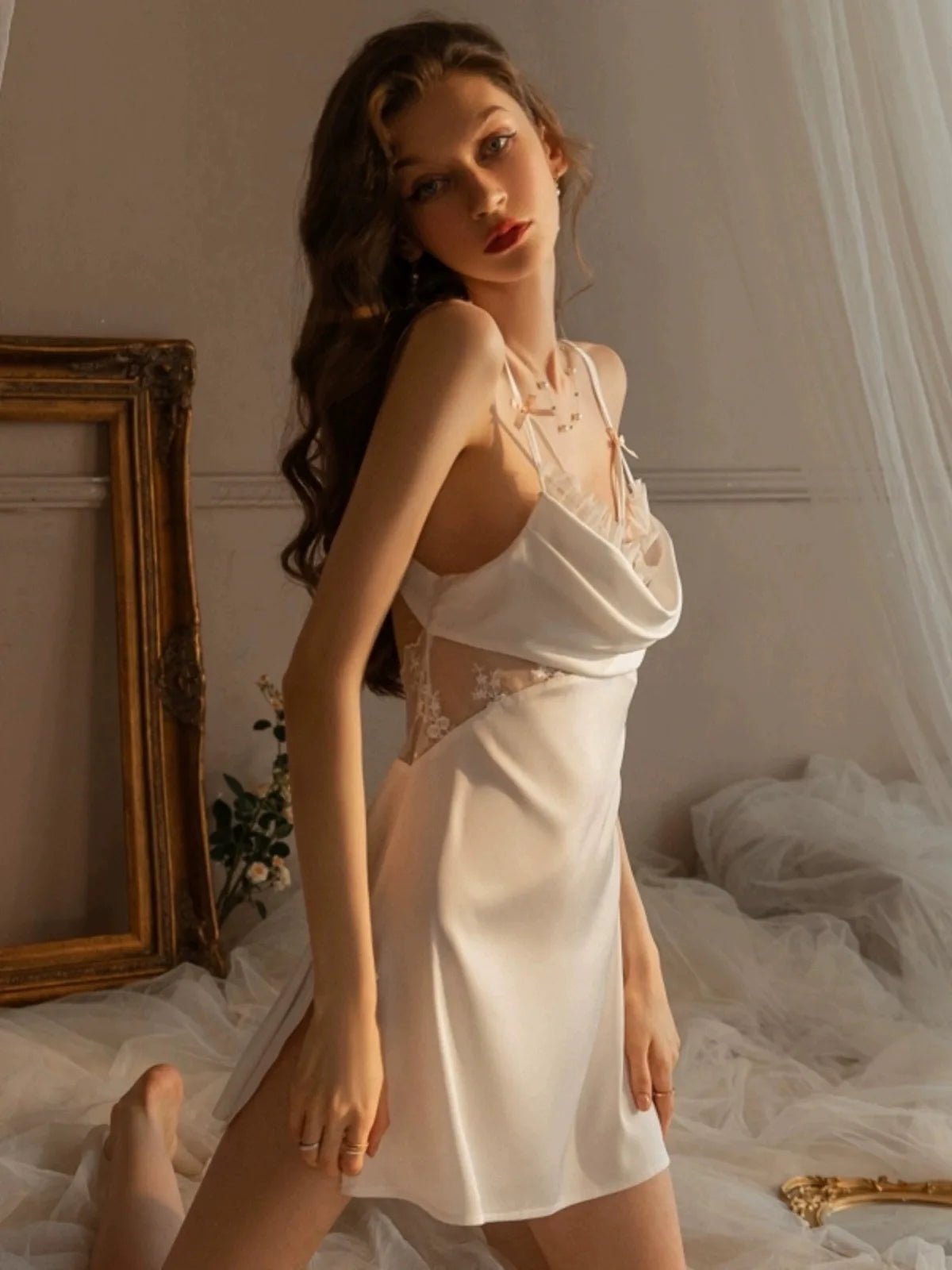 Side Split Designer Lady Nighty Sexy Senior Luxury Sleepwear Satin Silk Date Nightwear Wedding Bridal Honeymoon Romantic Dress - Seprincess