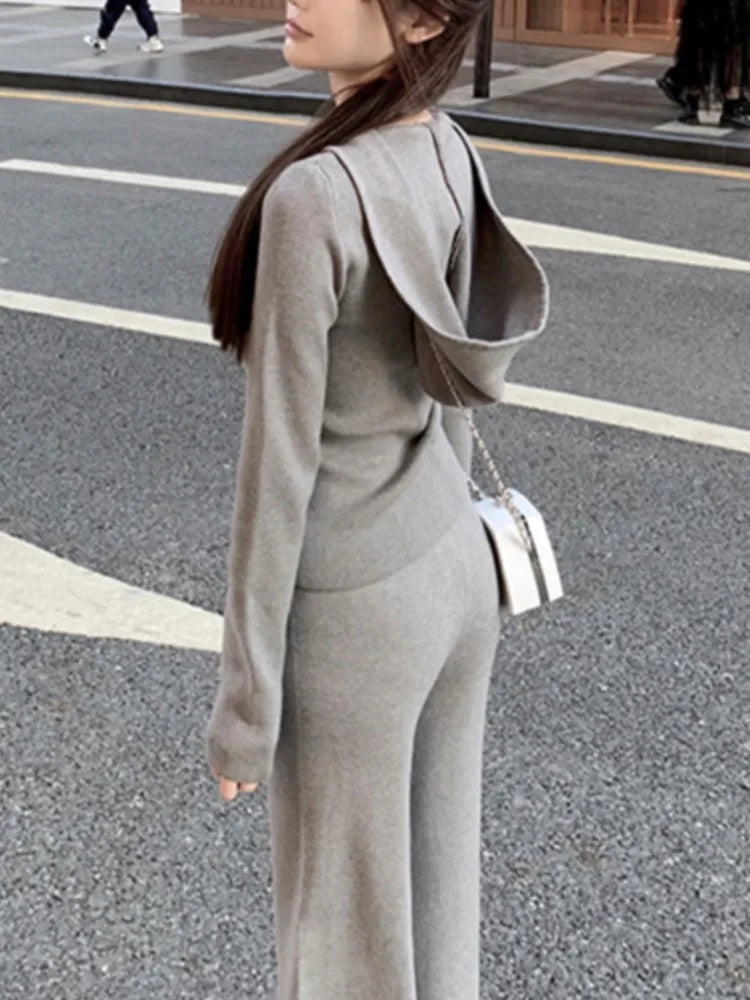 Women's Knitted Tracksuits Casual Hooded Jacket & High Waist Long Pants 2 Piece Set Femme Fashion Clothing Outfit - Seprincess