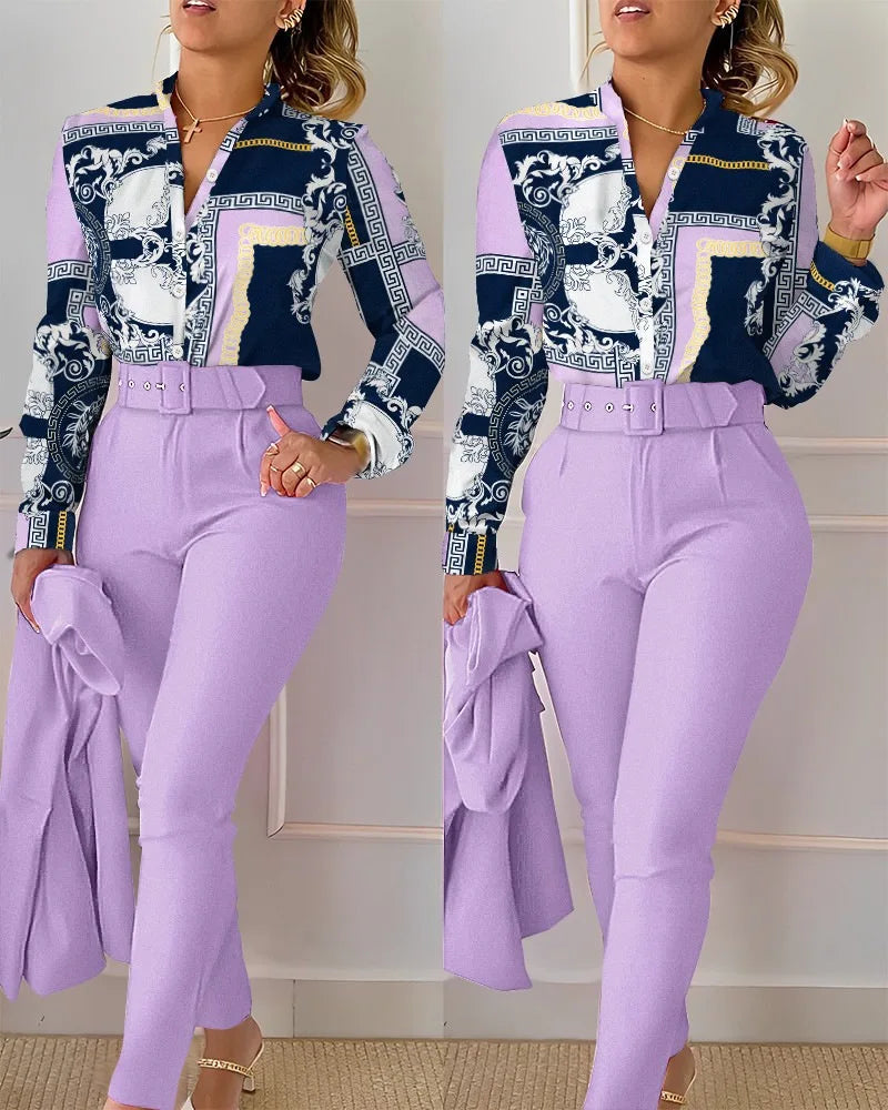 Elegant Women Printed Two Piece Suit Sets Spring Autumn V Neck Long Sleeve Shirt Top & Long Pants Set With Belt Workwear Outfits - Seprincess