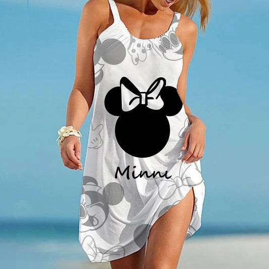 Boho Minnie Mouse Women's Dress Summer Beach Disney Mickey Cartoon Elegant Dresses For Women Fashion Print Sexy Loose Backless - Seprincess