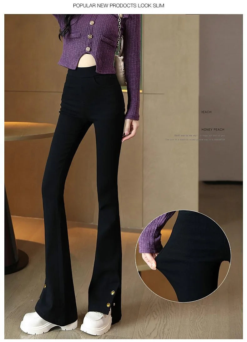 New Autumn Winter Pants High Waist Women Vintage Flared Pants Fashion Long Trousers Solid Slim Split Casual Pants Fur & Normal