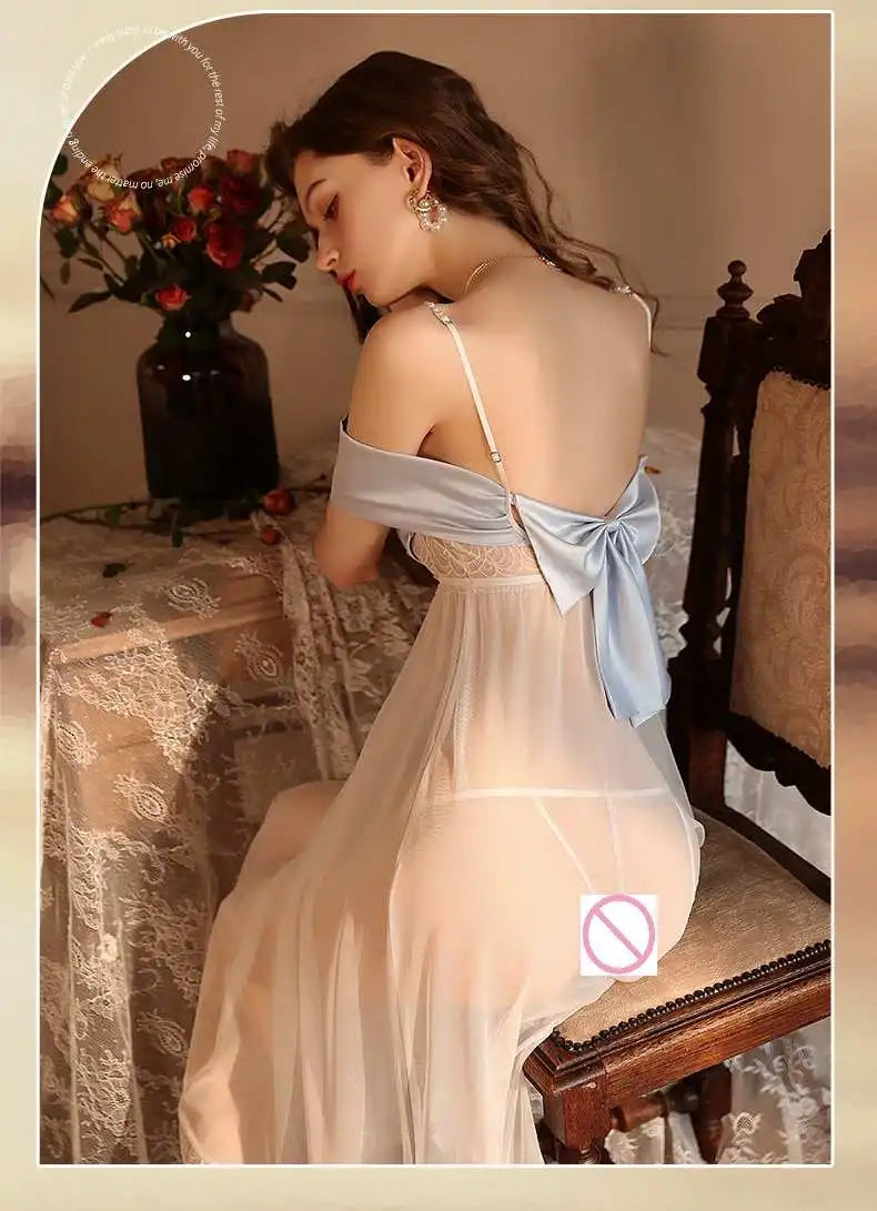 New Design Women's Sexy Spaghetti Strap Transparent Lingerie Dress Lady Honeymoon Fliter Long Sleepdress Goodness Nightgown - Seprincess