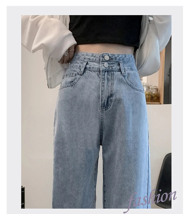 Denim Jeans Women Casual Fashion Button Design Pants Loose Straight Brand High Quality New Arrivals Trousers