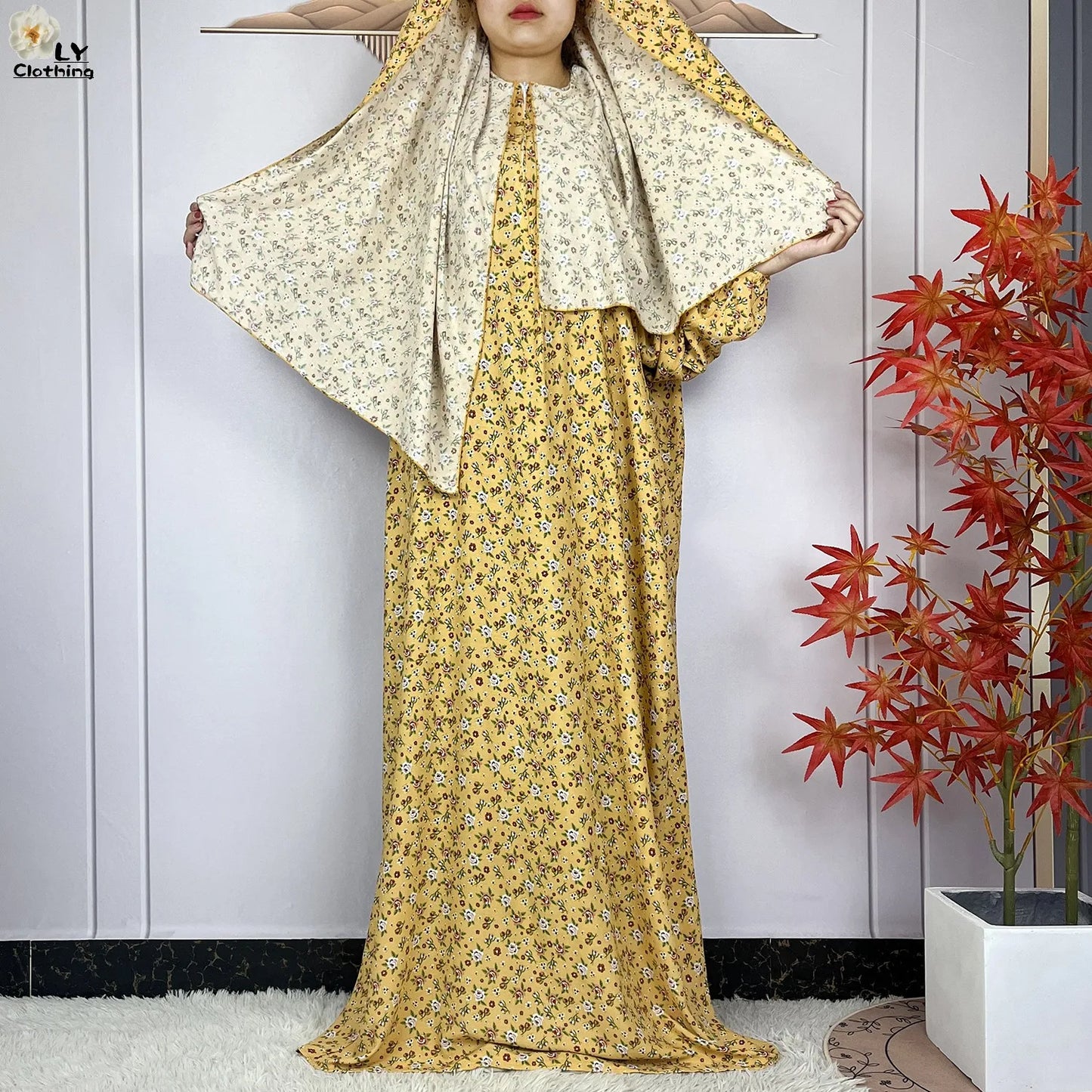 2024Latest Muslim Abayas For Women Ramadan Prayer Maxi Dubai Turkey Femme Cotton Robe Floral Loose African Dress Turban Attached