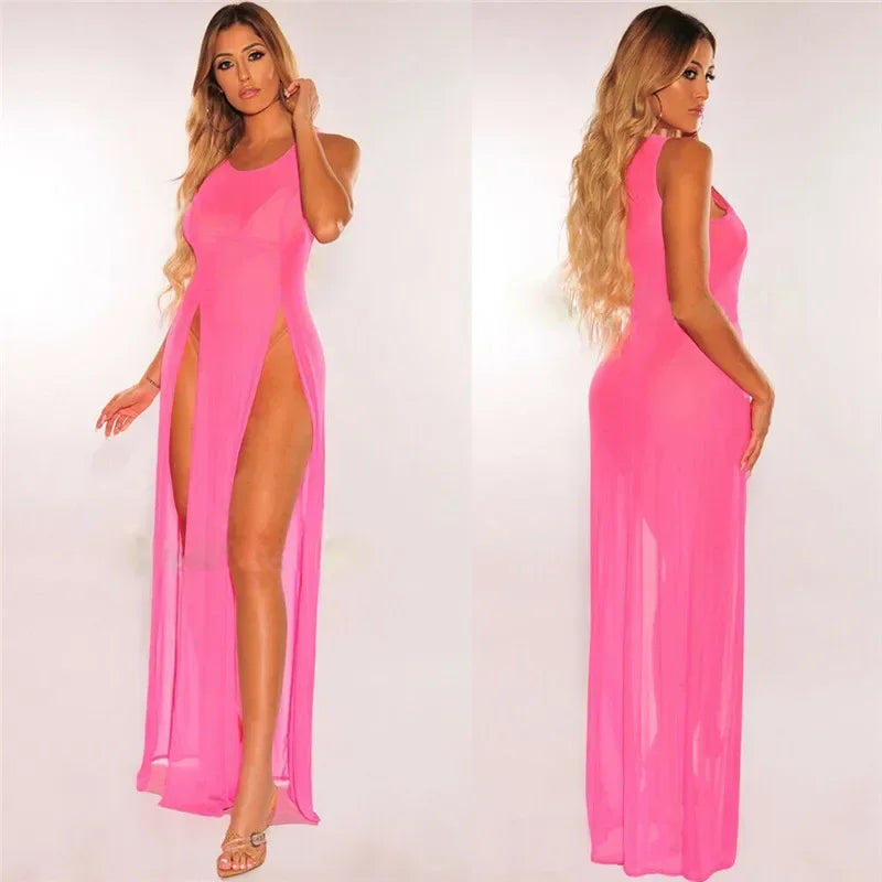 Women Sexy Long Dress Mesh Sheer See Through Bikini Cover Up Beach Sundress Solid Long Dress Sleeveless Strap Dress - Seprincess