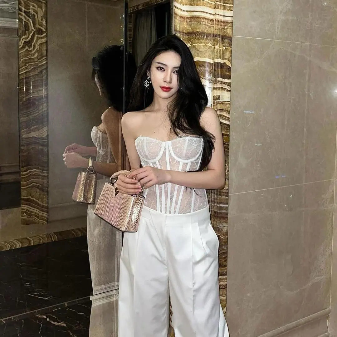 Sexy White Transparent Boned Corset Top Off-shoulder Bustier Tops Fashion Overbust Corset Bodysuit Outfit for Women Outgoing - Seprincess