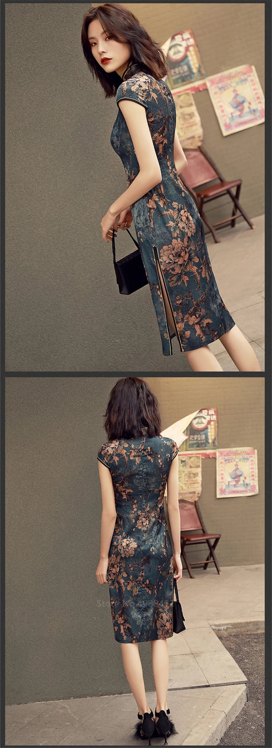 Chinese Traditional Dress Cheongsam  Women Girls Party Wedding Fashion Vintage Retro Crane Floral Print Satin Short Dress - Seprincess