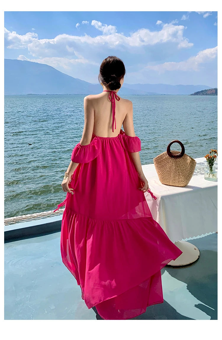 2024 Women Long Summer Formal Chiffon Sundress Halter Elegant Fairy Grunge Prom Dress New Honeymoon Vacation Party Night Dresses - Seprincess