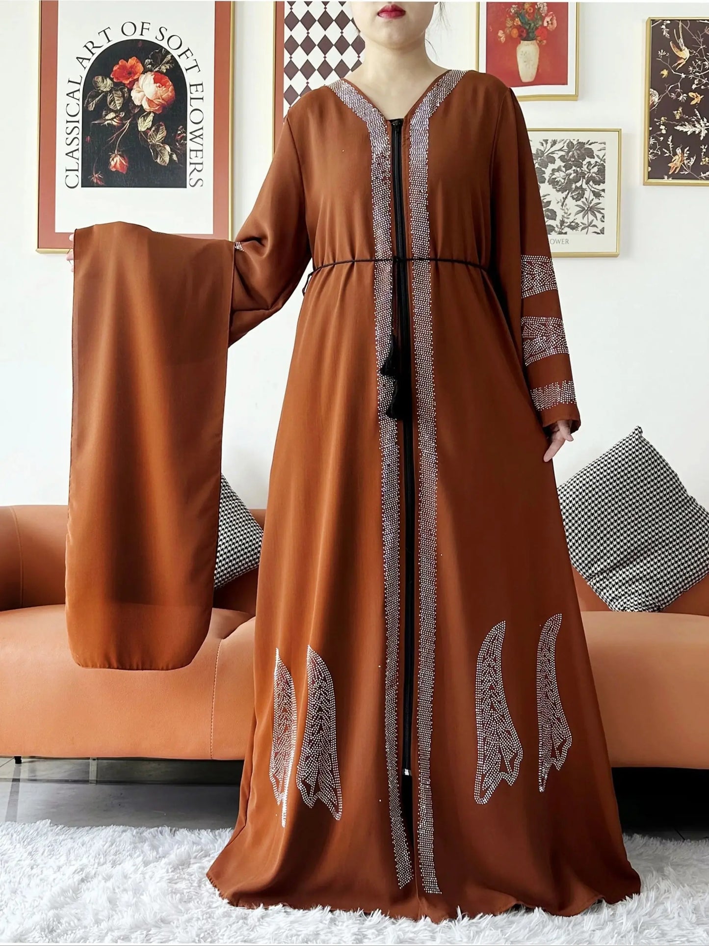 New Women Elegant Dress Chiffon Open Abaya with Zipper Muslim Women Dress Islamic Clothing Cardigan Abaya Women Muslim Dress