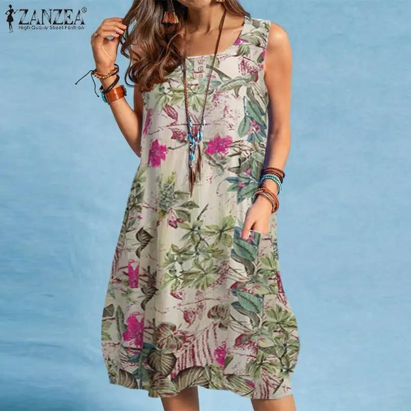 ZANZEA Bohemian Beach Dress Summer Vintage Floral Printed Sundress Women Sleeveless Knee-length Robe Holiday Vestidos Sarafans - Seprincess