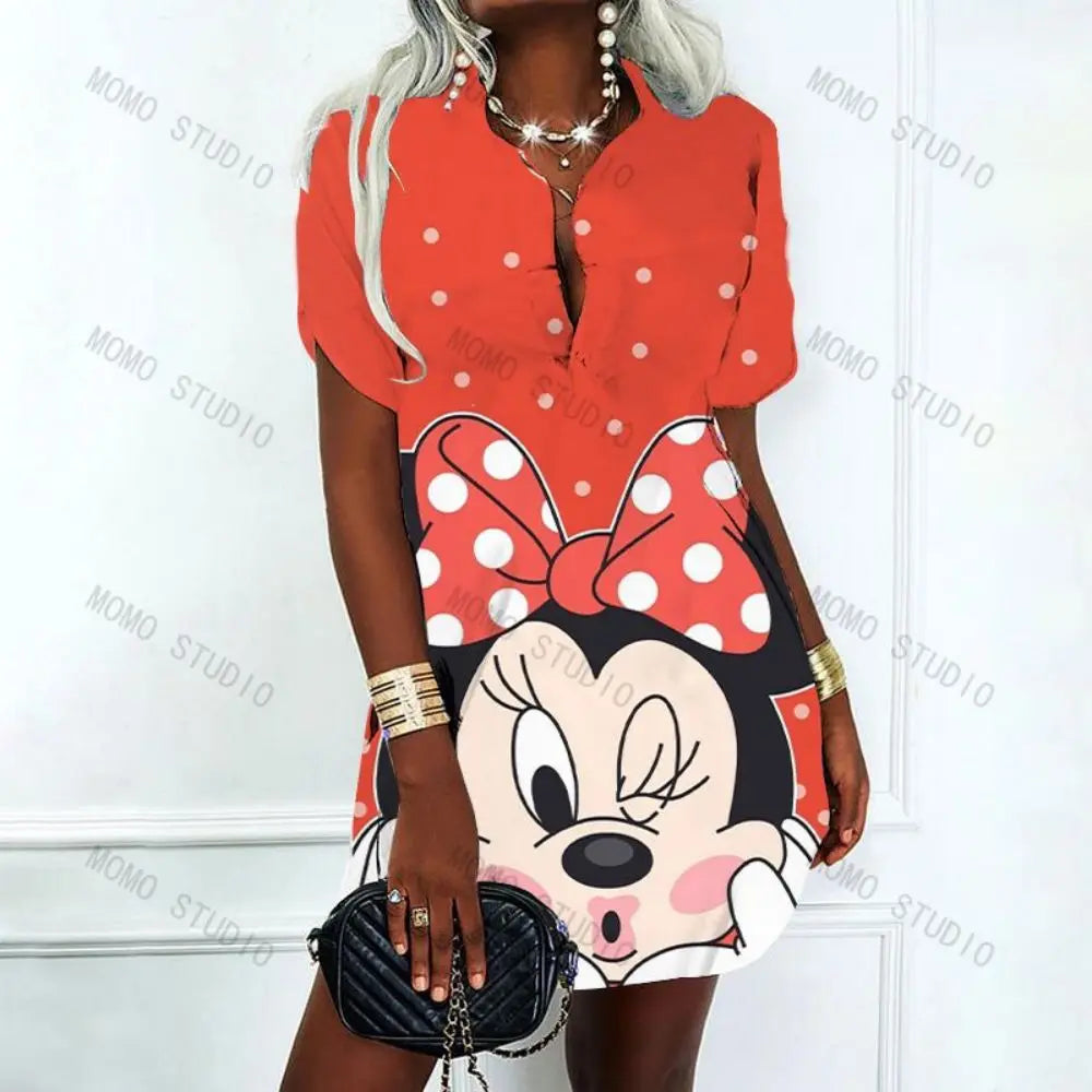 Korean Fashion Elegant Women's Dresses for Party 2023 Dress Polo Shirts Woman Clothes V-Neck Mickey Disney Y2k Minnie Mouse Sexy - Seprincess