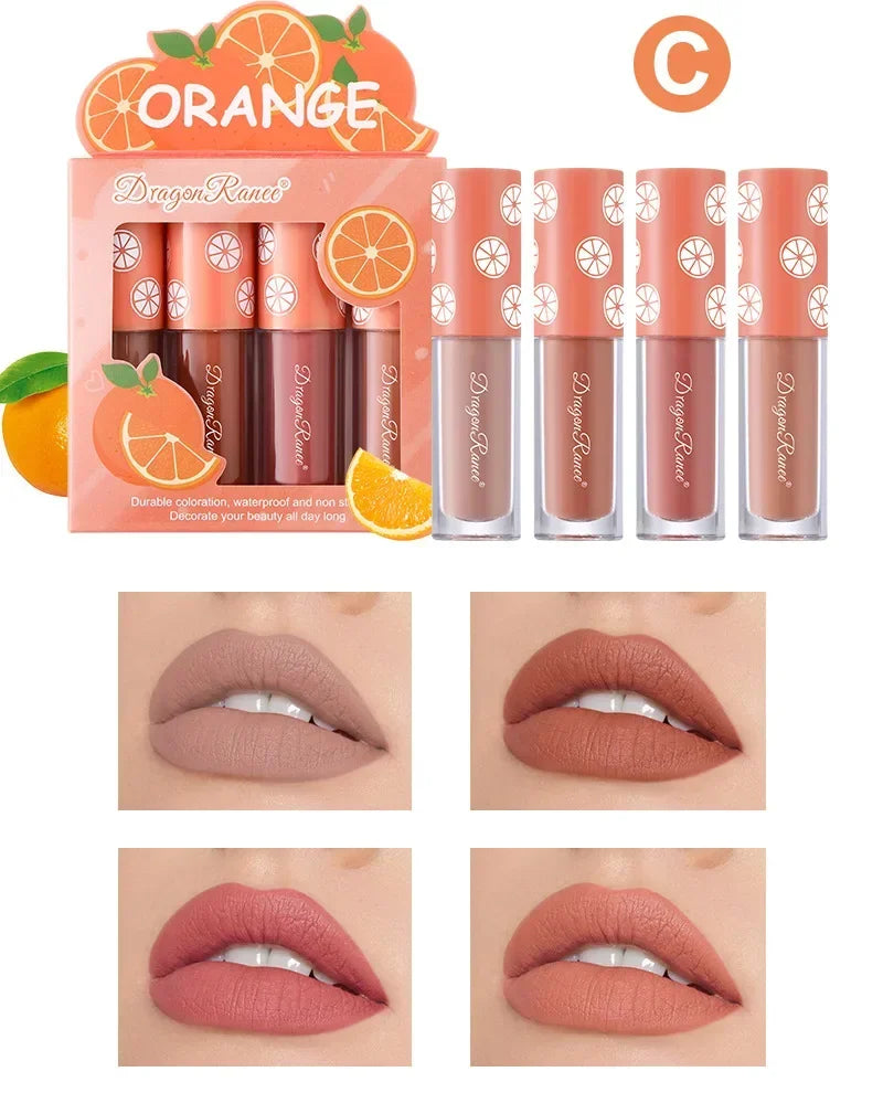 4pcs/set Matte Fruit Lip Glaze Long Lasting Liquid Lipsticks Mini Matte Lip Glaze Set Non-Fade Non-Stick Waterproof Lipsticks - Seprincess