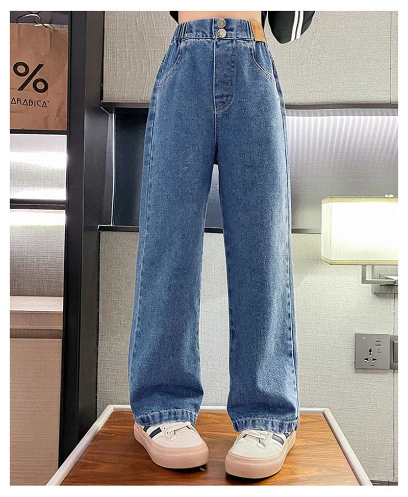 Girls Loose Jeans Pants Autumn Children Casual Straight Long Pants Teen School Big Kids Wide Leg Trousers 5-14 Years