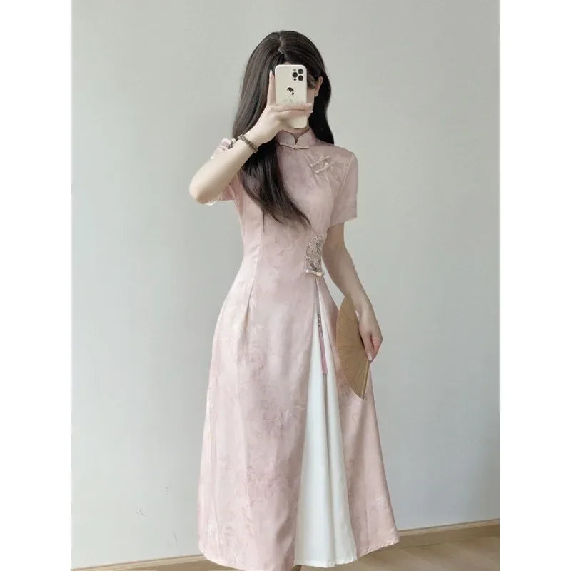 Elegant Pink Stand Collar Short Sleeve Ao Dai Vietnamese Dress for Women Chinese Style Printed Cheongsam Dresses Qipao XL 2XL - Seprincess