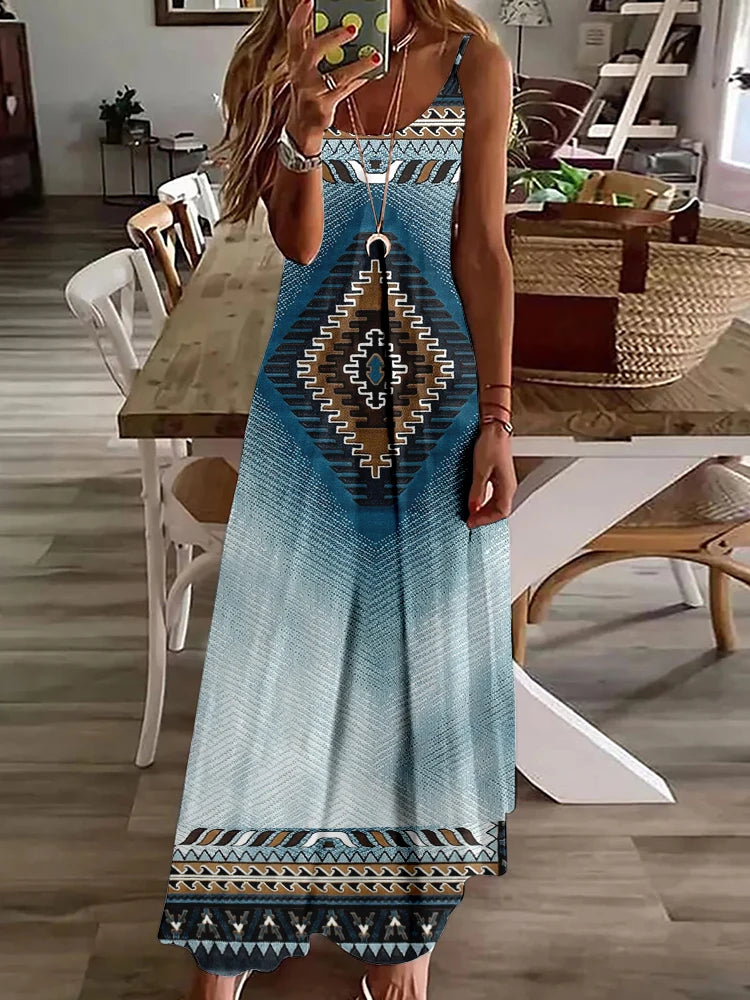 Summer Casual Everyday Women's Halter Dress Vintage Ethnic Print Dress Street Fashion Sleeveless Dress Holiday Party Long Dress - Seprincess