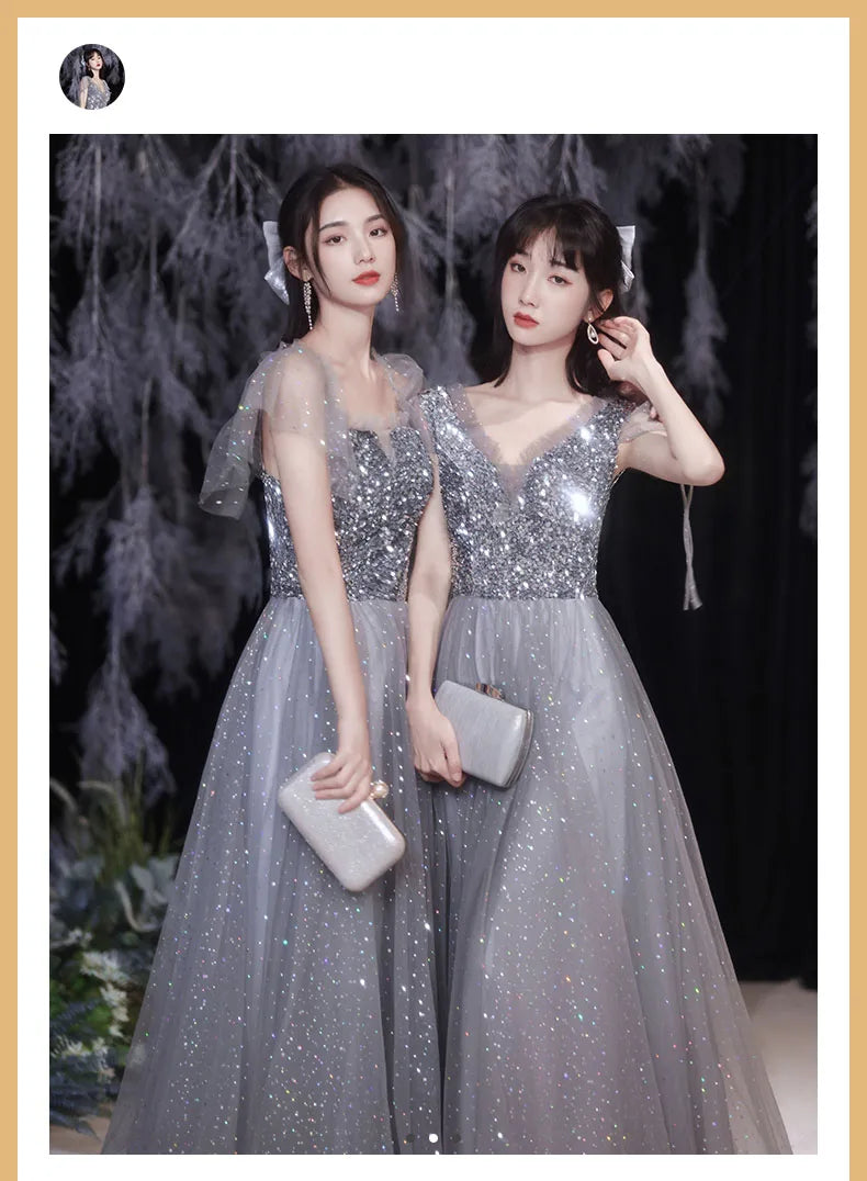 Grey Bridesmaid Evening Dress Women Off Shoulder Sequins Wedding Party Vestidos Fairy Temperament Sisters Group Gown Summer - Seprincess