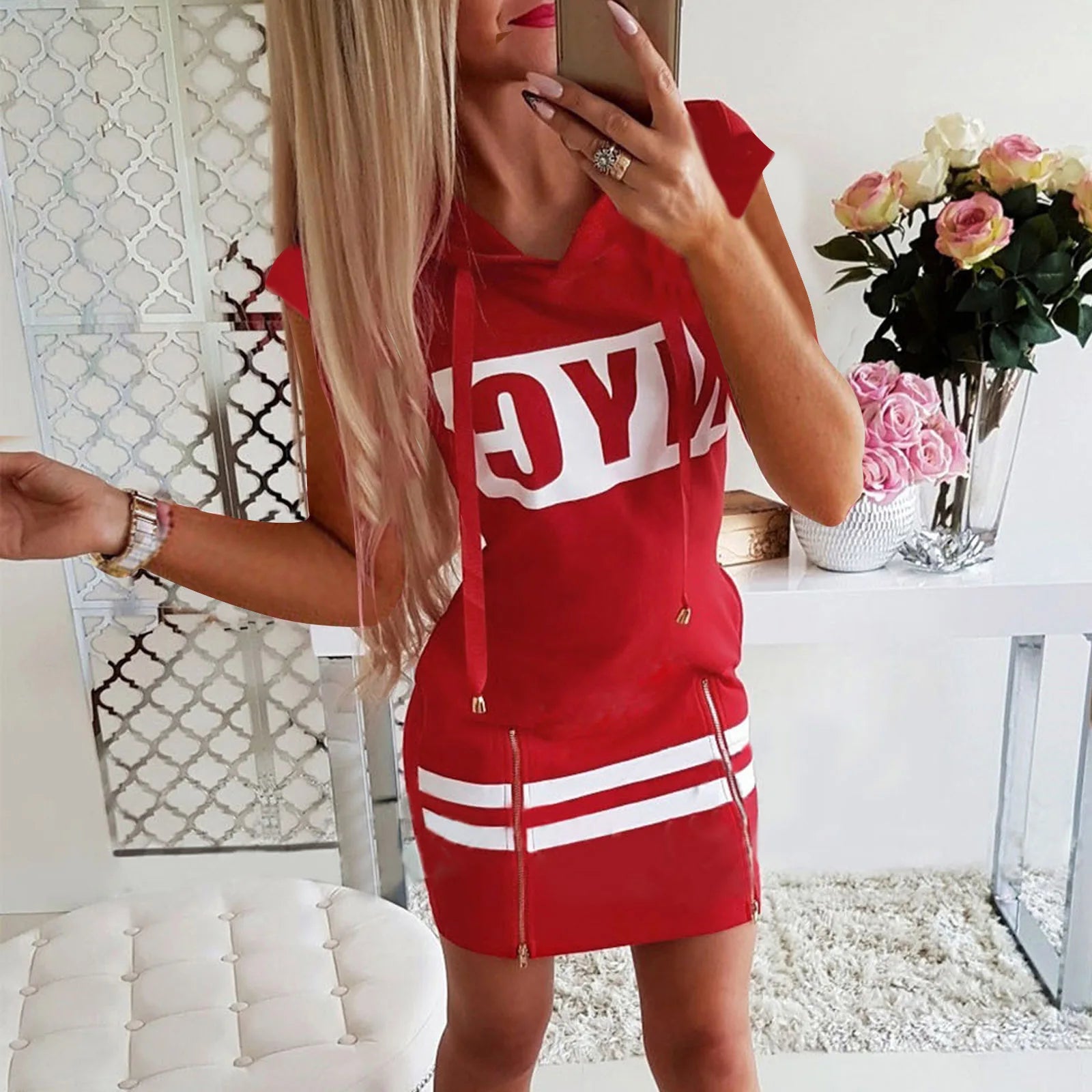 2022 Hooded Women Summer Dress Short Sleeve Letter Print Zipper Bandage Hoodies Lady Casual Sport Bodycon Vestidos Mini Dresses - Seprincess