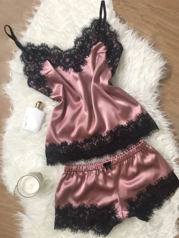 New Women's Pajamas Silk Sexy Pajama Set Black Lace V-Neck Pajama Suspender Top and Shorts Lace Pajama Set Home Underwear Dress - Seprincess