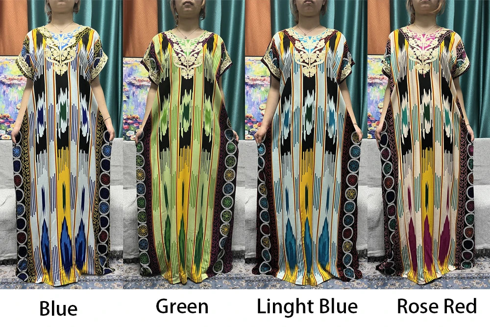 Muslim Printed Abayas For Women 2024 Dubai New Cotton Short SLeeves Appliques Loose Femme Robe African Islam Dresses With Hijabs - Seprincess