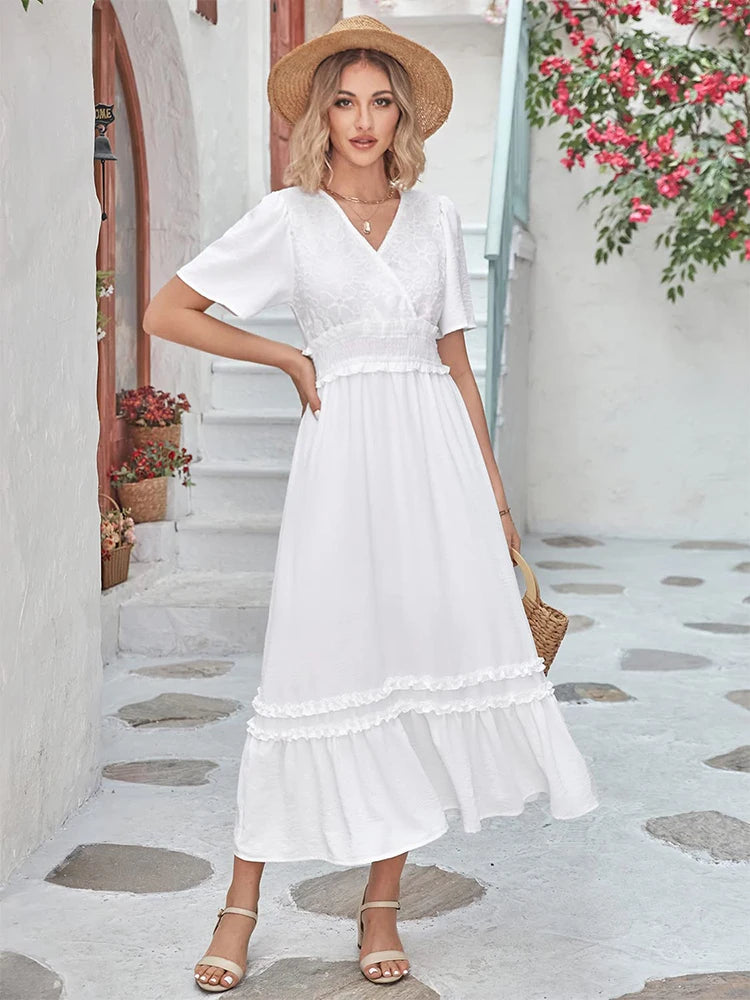 Women's V Neck Formal Lace V Neck Maxi Dress Ruffle Fringe Short Sleeve Boho Wedding Guest Long Dresses - Seprincess