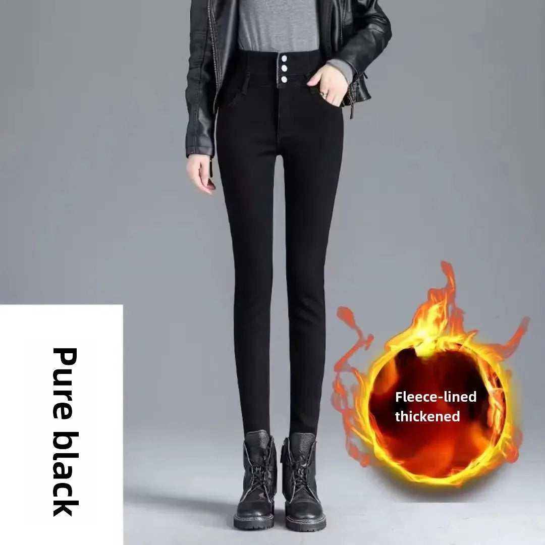 2024 Autumn/Winter New Solid Color Slim Fit Women's Jeans High Waist Buttoned Wool Lined And Thickened Pencil Leggings