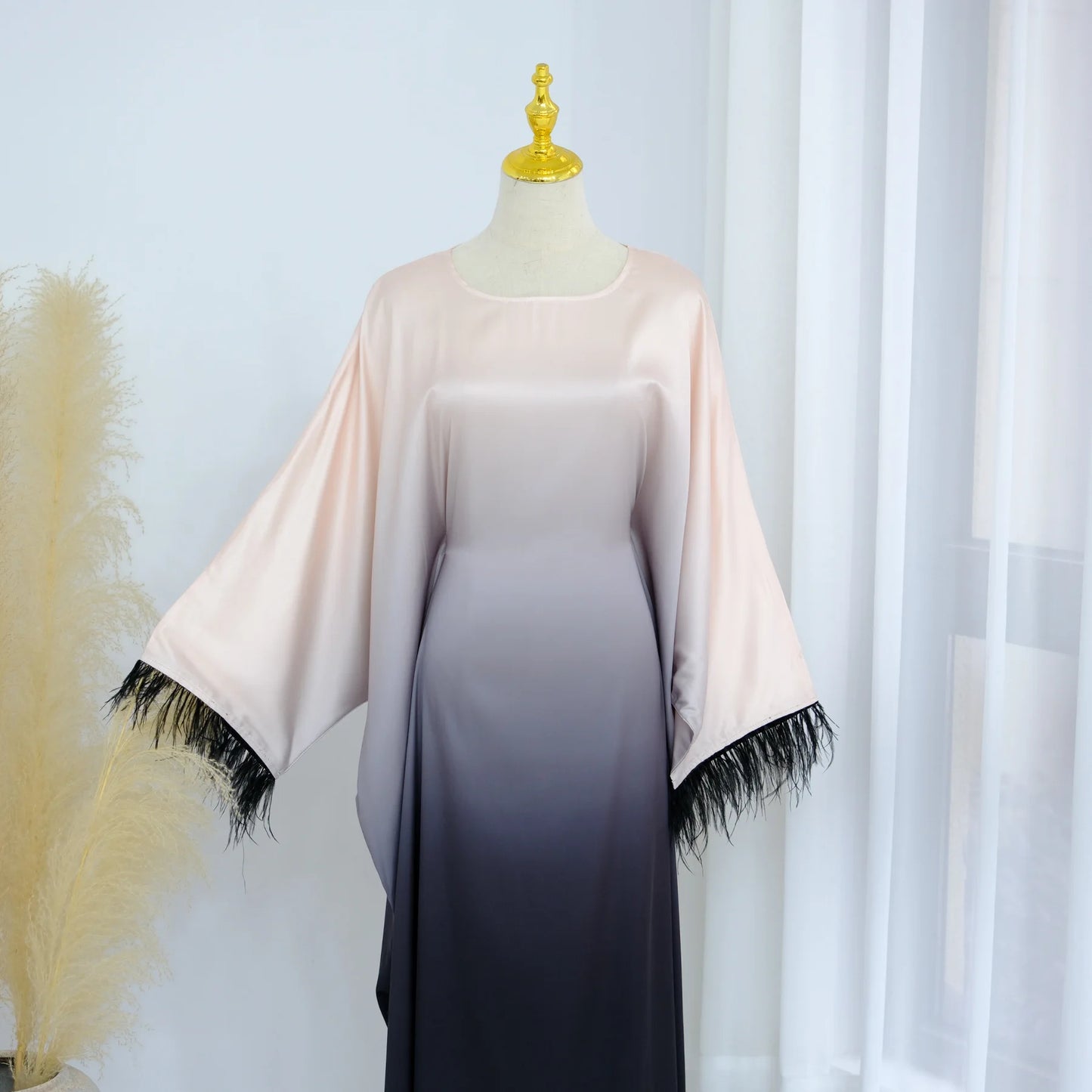 Fashion Shiny Feather Cuff Muslim Dress Robe Female Full Length Soft Butterflies Abaya Muslim Dress Worship Service Abaya wy2073