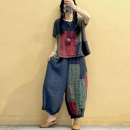 Cotton Linen Pants Sets Patchwork Vintage Shirt and Casual Harem Pants Oversized Korean Fashion Two Piece Sets Women Outfits - Seprincess