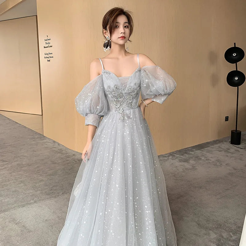 Grey Bridesmaid Dresses Elegant Women Applique Off The Shoulder Floor Length Tulle Wedding Party Dress Formal Prom Gowns - Seprincess