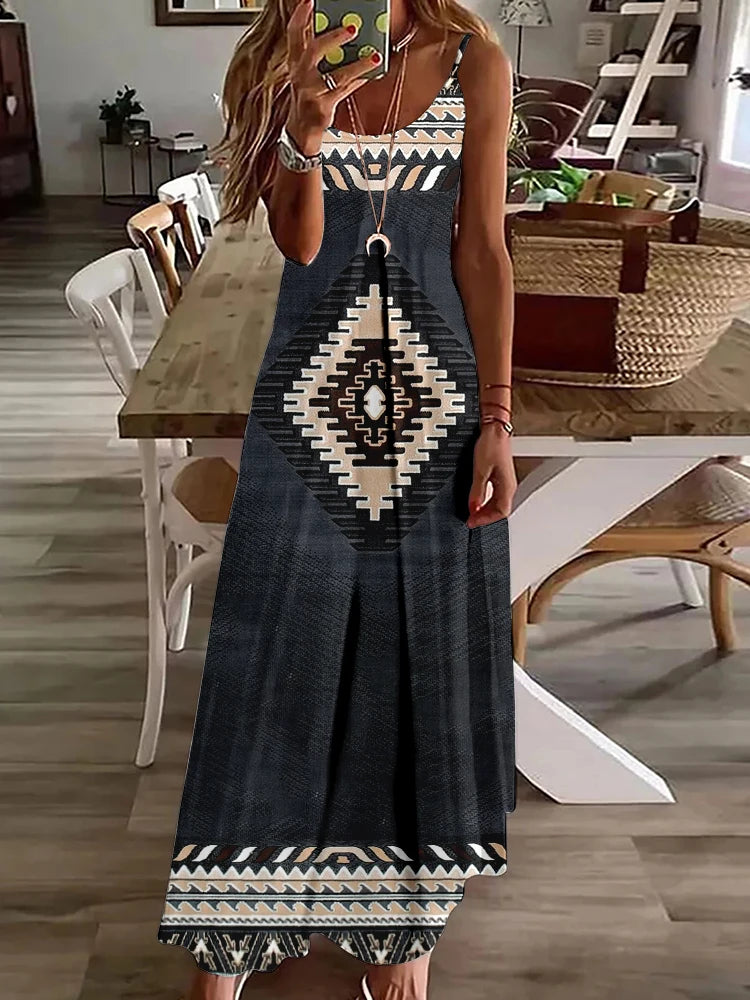 Summer Casual Everyday Women's Halter Dress Vintage Ethnic Print Dress Street Fashion Sleeveless Dress Holiday Party Long Dress - Seprincess