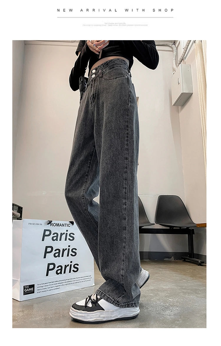 Denim Jeans Women Casual Fashion Button Design Pants Loose Straight Brand High Quality New Arrivals Trousers