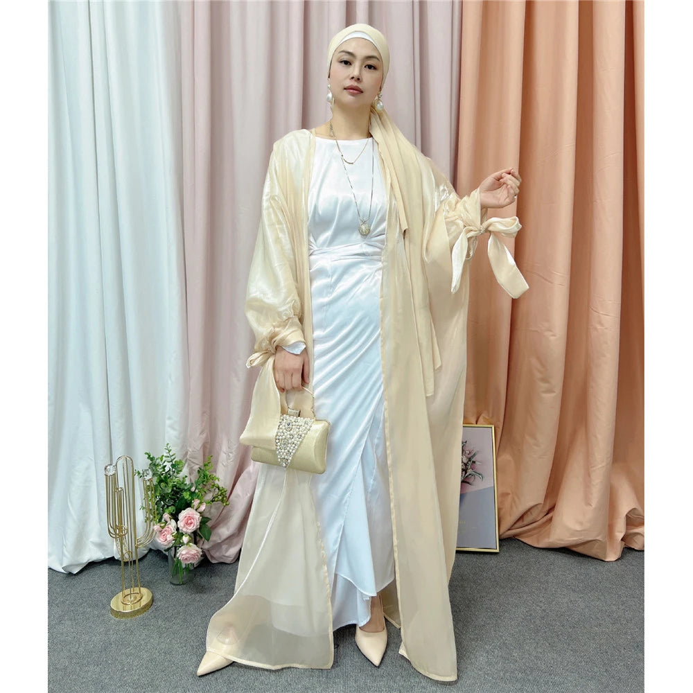 Shiny Satin Open Abaya Dubai Kaftan Women Muslim Kimono Cardigan Islamic Puff Sleeve Caftan Maxi Dress Robe Gown Turkey Jalabiya - Seprincess