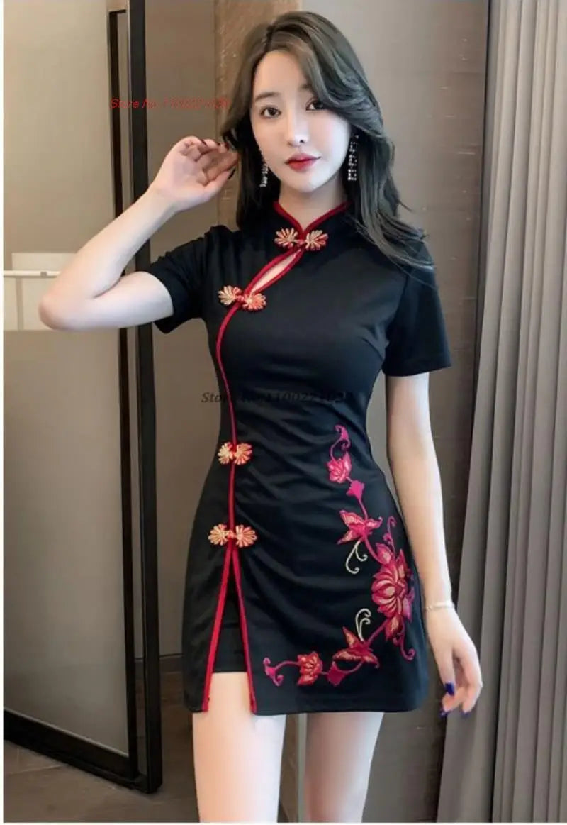 2024 chinese sexy qipao oriental party dress flower embroidery improved cheongsam nightclub banquet dress beauty spa uniform - Seprincess