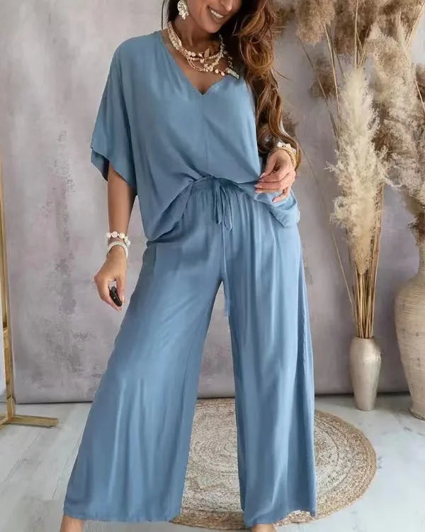 2024 Summer Long Pant Sets Two Piece Set For Women V Neck Bat Sleeve Loose Wide-leg Pants 2 Piece Set Solid Color Casual Outfits - Seprincess