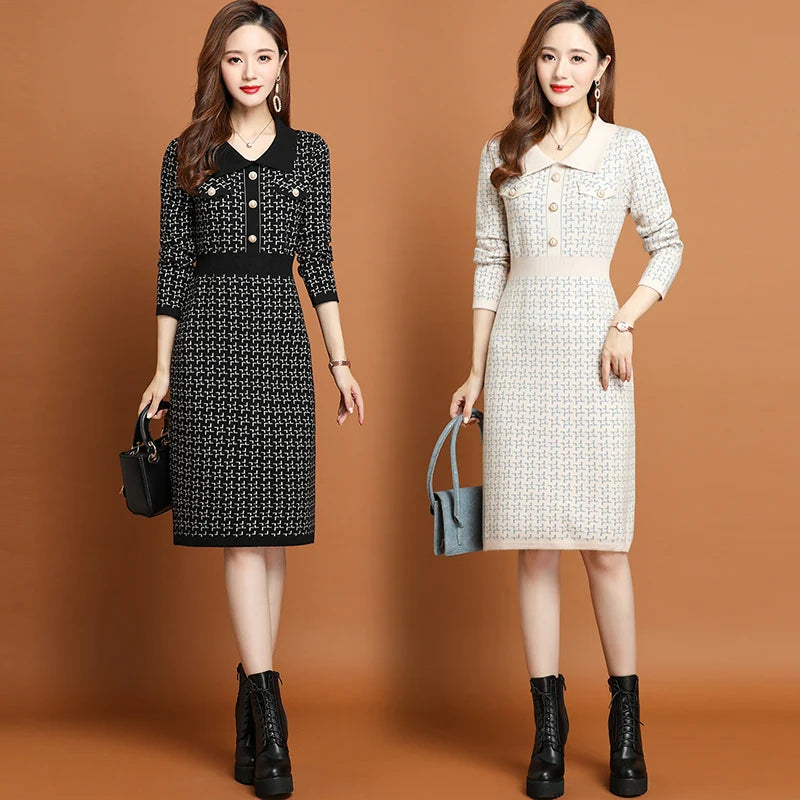 Office Lady Korean Fashion Knitted Solid Slim Dress Women's Winter Long Sleeve Warm Elegant Knee Length Tunics - Seprincess