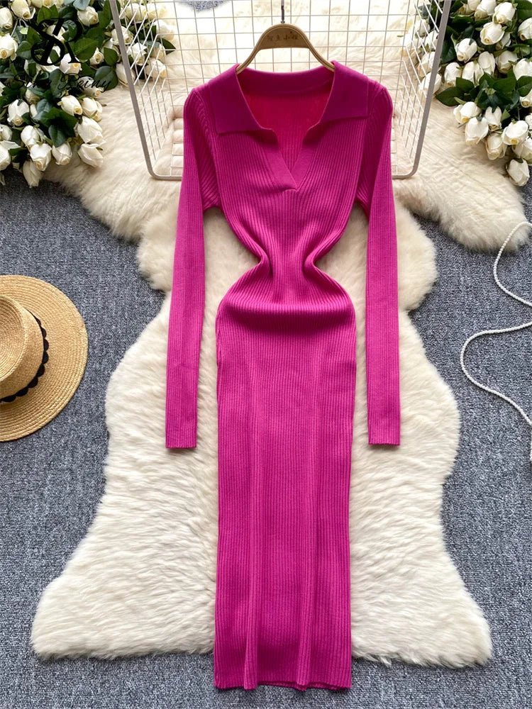 SINGREINY French Vintage Sweater Dress 2024 Ladies Lapel Long Sleeves Autumn Fashion Solid Basics Bodycon Knitted Long Dress - Seprincess