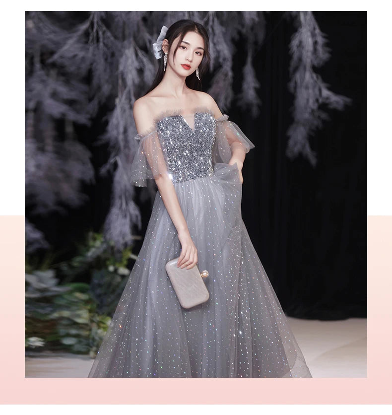 Grey Bridesmaid Evening Dress Women Off Shoulder Sequins Wedding Party Vestidos Fairy Temperament Sisters Group Gown Summer - Seprincess