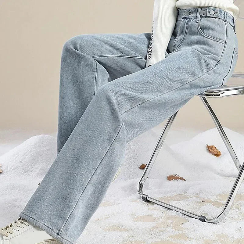 Winter Warm Jeans Women Loose Thick Plus Velvet High Waist Wide Leg Jeans Pant Casual Straight Fleece Denim Trousers