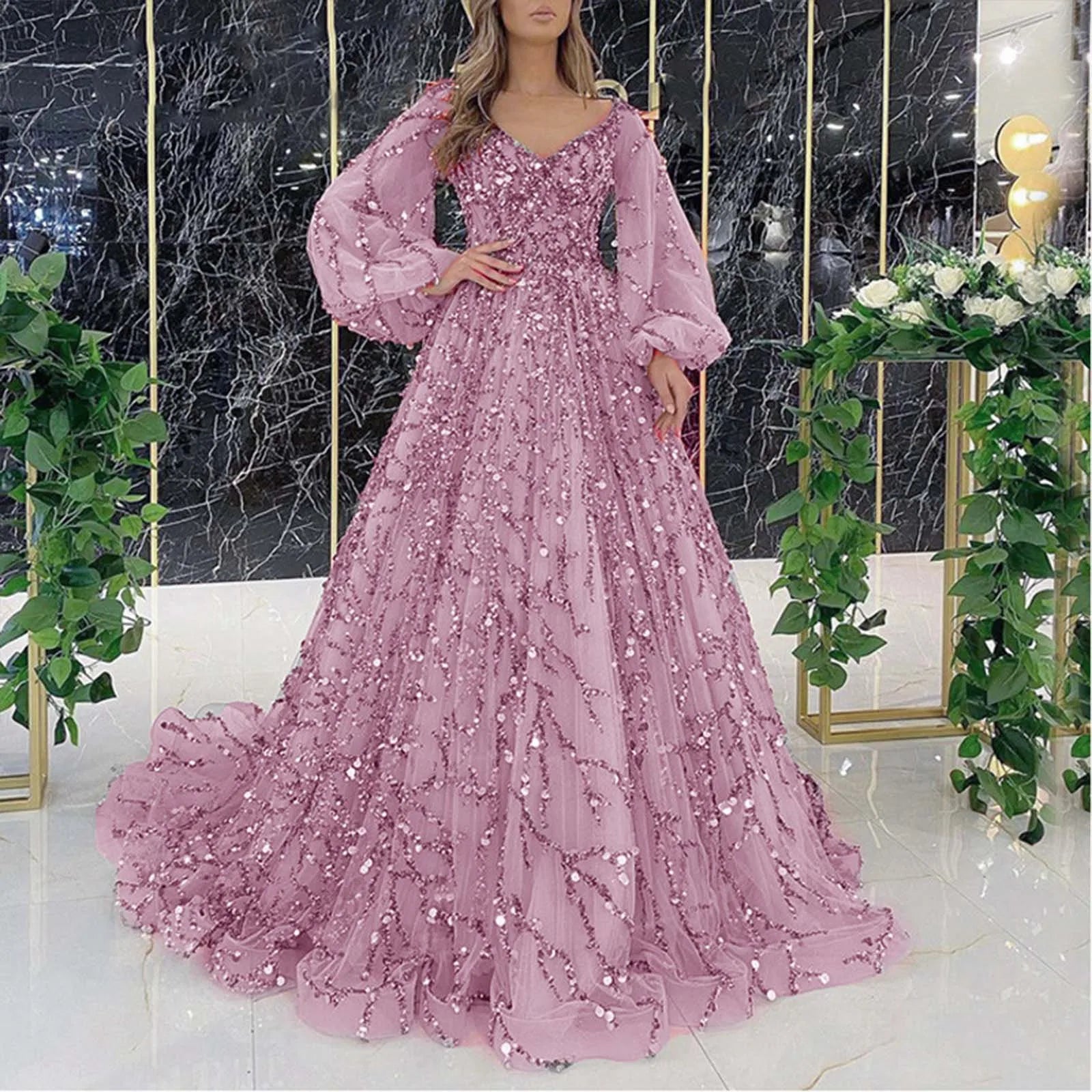 Women's Elegant Cocktail Party Dress Sequins Mesh Evening Dress Long Lantern Sleeve V-Neck Floor Length Luxury Dresses 2024 - Seprincess